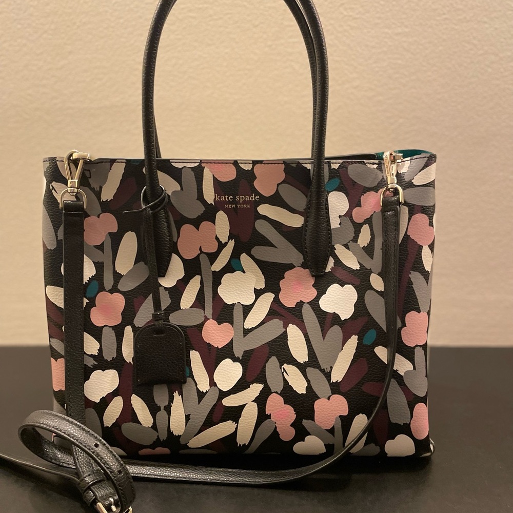 Kate Spade Eva Fete Floral Black/Multi Medium Top Zip Satchel  (WKRU6225)
